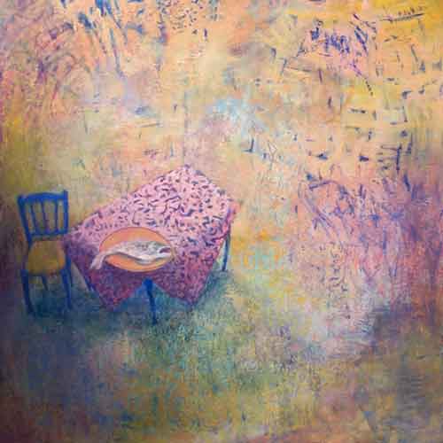 schilderij; tafreel met stoel en tafel en daarop een bord met een vis