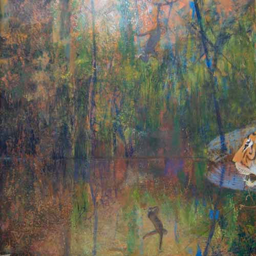 schilderij; realistisch tafreel, oerwoud met water en halve tijgerkop, die slingerende aap nastaart