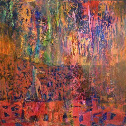 schilderij; abstracte hond met felle kleuren