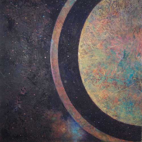 schilderij; Halve planeet met ring in heelal.