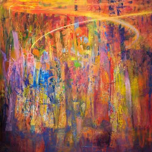 schilderij; concentratie van kleuren en verticale vormen gevangen in een lus