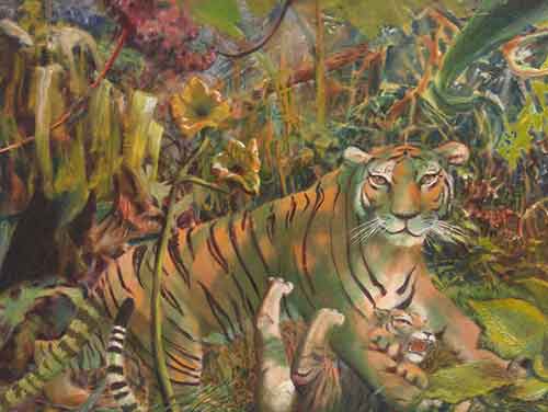 schilderij; Moeder tijger en kind in oerwoud