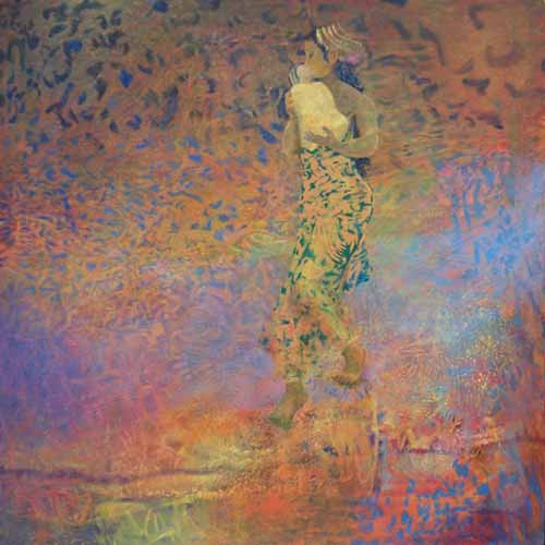 schilderij; vrouw loopt met baby Mozes in haar arm langs een oever
