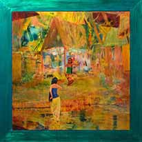 schilderij; vrouw waadt door een rivier naar andere vrouw bij hutten in oerwoud