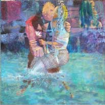 schilderij; Abstract man en vrouw die elkaar kussen in water