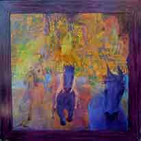 schilderij; Paarden in galop met kleurige achtergrond