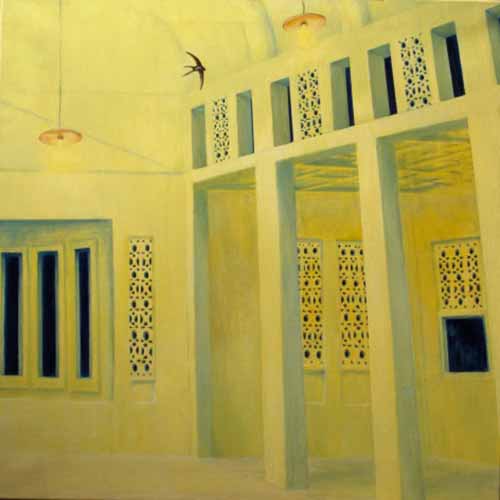 schilderij; vogel binnen in gebouw met zuilen