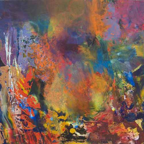 schilderij; abstract kleurrijk tafreel met scherp uitgesneden vormen